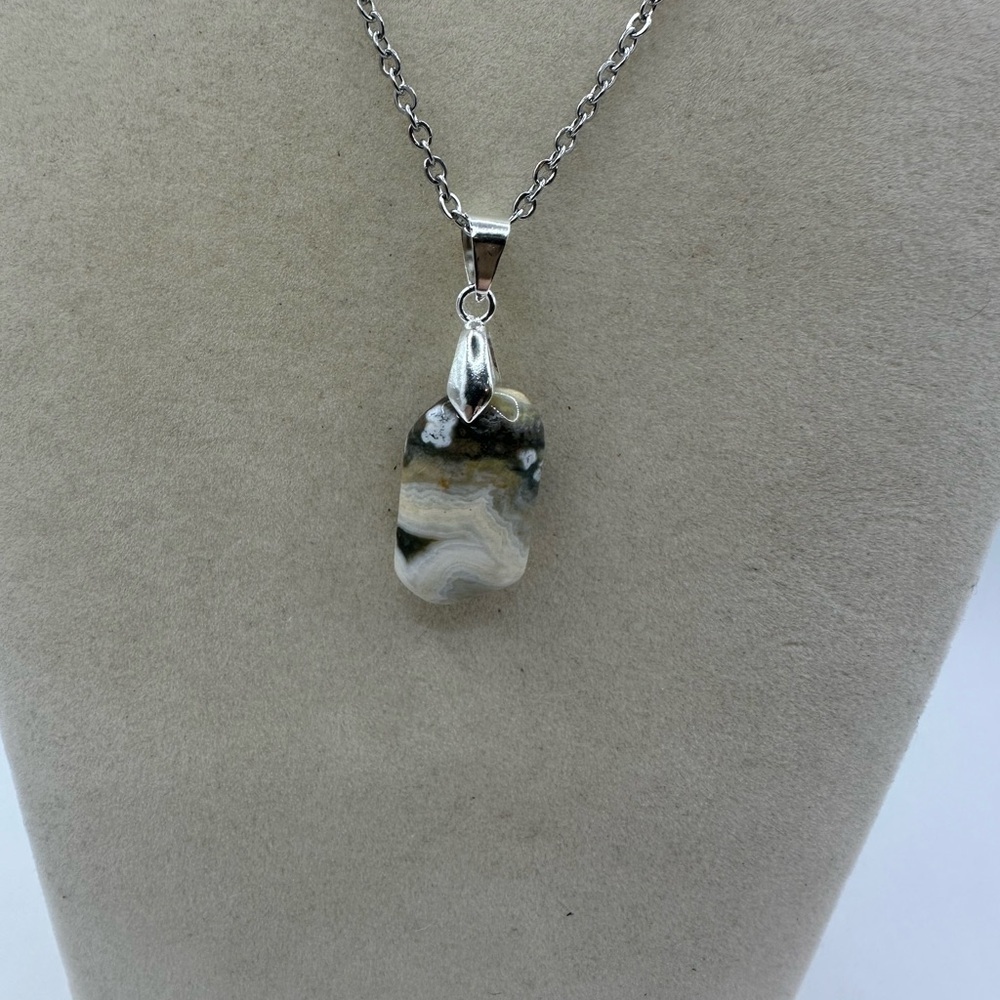 Natural Ocean Jasper Pendant Necklace on Stainless Steel Chain - Picture 7 of 9